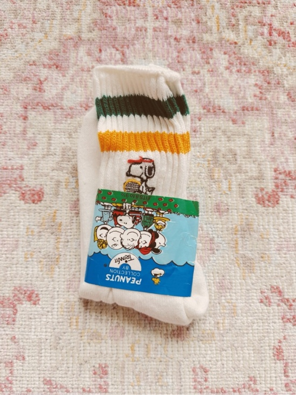 Peanuts Snoopy Vintage White Crew Socks with Green & Yellow Stripes